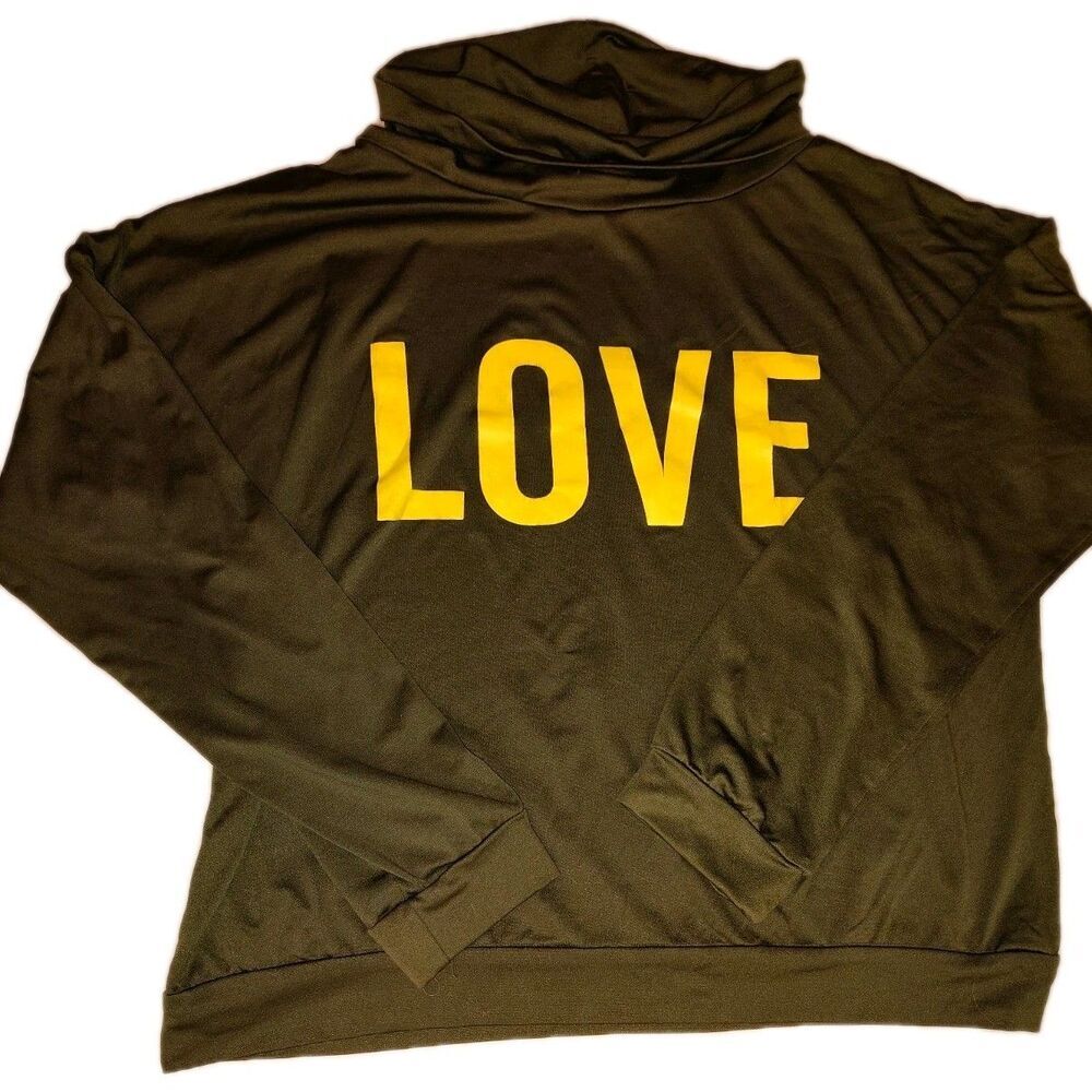 Olive Green "LOVE" Slouchy Cowl Neck Lightweight Pullover – Soft Graphic Tunic